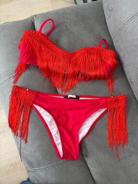 Missguided Bright Red Fringed Bikini Top and Bottom Set